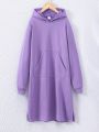 Teenage Girls' Solid Color Knee Length Hooded Sweater Dress For Autumn And Winter