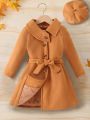 SHEIN Kids EVRYDAY Young Girl Solid Belted Overcoat & Hat