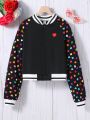 Teenagers (Female) Heart Print Baseball Collar Jacket