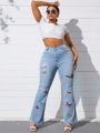 SHEIN SXY Plus Size Women'S Butterfly Print Flared Jeans