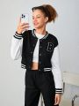 Teen Girl Letter Patched Striped Trim Drop Shoulder Crop Varsity Jacket