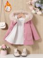 SHEIN Baby Girls' Casual Faux Suede Thickened Fleece Lined Hooded Coat With Collar, Pink