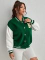 SHEIN Essnce Plus Size Color Block Baseball Jacket With Letter Patch