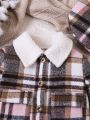 Young Girl Plaid Print Borg Collar Flap Pocket Overcoat With Hat