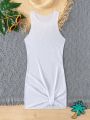 Solid Color Twisted Knot Tank Top Cover Up For Teen Girls