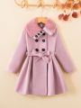 Girls' Beige Long Sleeve Double-breasted Belted Mid-length Woolen Coat, Suitable For Autumn & Winter