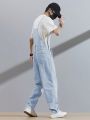 Manfinity Hypemode 1pc Men's Adjustable Straps Denim Overalls With Slanted Pockets