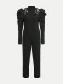 SHEIN Tween Girl Pearls Beaded Gigot Sleeve Mock Neckline Jumpsuit