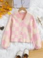 Tween Girl Checker Pattern Drop Shoulder Cardigan