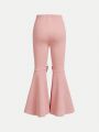 SHEIN Kids FANZEY Tween Girls' Solid Color Skinny Flared Pants With Bowknot