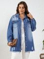 Plus Size Washed Denim Jacket With Frayed Hem Detail