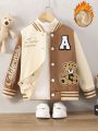 SHEIN Toddler Boys' Alphabet Pattern Bear Embroidery Baseball Jacket For Autumn Winter