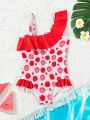 Baby Girl's Strawberry Print Asymmetrical Ruffle Swimsuit