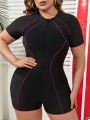 SHEIN Swim SPRTY Plus Size Color Block Half Zip Front One Piece Swimsuit