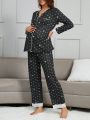 Pregnant Women's Lace Patchwork Crown Pattern Printed Pajama Set