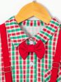 SHEIN Kids FANZEY Young Boy'S Pocket Front Plaid Short Sleeve Shirt And Suspender Shorts Gentleman Outfit Set