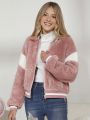 Teen Girl Contrast Panel Drop Shoulder Teddy Bomber Jacket