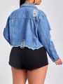 SHEIN Privé Plus Size Ripped Detail Raw Hem Denim Jacket