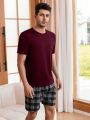 Men Solid Tee & Plaid Print Shorts