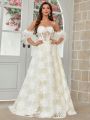 SHEIN Belle Off-Shoulder Floral Fabric 3d Flowers Tie Back Long Train Wedding Dress