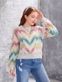 Teen Girls' Color Block Herringbone Pattern Sweater