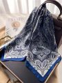 1pc Navy Blue Women's Cashew Print Square Scarf, Silk Headscarf For Daily Wear