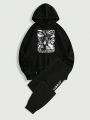 ROMWE Goth Men's Eye Print Hooded Sweatshirt And Trousers Set
