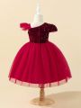 Little Girl's Asymmetric Neckline Sequin Panel Dress With Bow Decoration