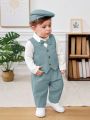 SHEIN Baby Boy Bow Front Shirt & Pants & Hat & Vest Blazer