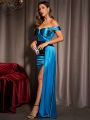 Off Shoulder Slit Thigh Draped Side Bustier Satin Bridesmaid Dress