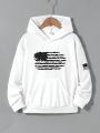 SHEIN Kids Academe Tween Boys' American Flag Printed Casual Hooded Long Sleeve Sweatshirt