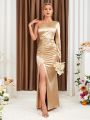 One Shoulder Ruched Split Thigh Satin Bridesmaid Dress