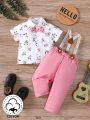 SHEIN Baby Boy's Casual Vintage Elegant Academy Flower Pattern Top With 3d Bow Tie & Long Pants, Gentlemen Clothing For Spring And Summer Outings