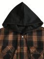 Manfinity Sporsity Men Plaid Print Flap Pocket Drawstring Hooded Shirt