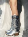 Women's Embroidery Design Anti-slip Thick Heel Cowboy Boots With Pointed Toe, Fashionable Side Zipper Outdoor Boots For Parties And Holidays In Spring And Autumn
