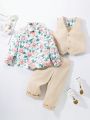 SHEIN Kids FANZEY Toddler Boys' Flower Printed Long Sleeve Shirt With Suit Vest And Pants Set