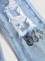 SHEIN Tween Girls Y2K Trendy Spring Summer Butterfly Print Stonewashed Ripped Straight Leg Jeans,Girl Summer Clothes Outfits