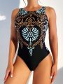 SHEIN Swim Summer Beach Plants Print One Piece Swimsuit