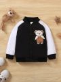 Baby Boys' Casual Fashionable Color-blocked Baseball Jacket With Bear Embroidery