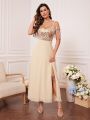 Contrast Sequin Cold Shoulder Split Thigh Chiffon Bridesmaid Dress