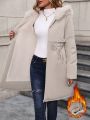Plus Size Fuzzy Trim Drawstring Waist Warm Lined Hooded Winter Coat