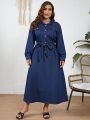 Plus Size Women'S Shirt Collar Denim Dress With Waist Belt