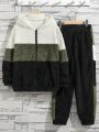SHEIN Kids EVRYDAY Boys' Casual Hooded Zip-up Plush Jacket And Color Block Pants Outfit Set, Winter