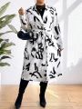 SHEIN Privé Women's Plus Size Random Print Coat With Lapel Necktie Belt
