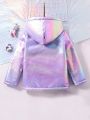 Young Girl Unicorn Patched Teddy Lined Holographic Hooded Coat