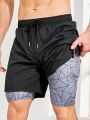Men's Geometric Pattern Double Layer Sports Shorts With Pocket & Side Stripe