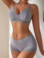 SHEIN Lace-Trimmed Ribbed Knit Underwear Set Lingerie Set