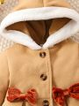 Baby Girl Contrast Trim Bow Front Fold Pleated Detail Hooded Overcoat
