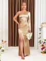 One Shoulder Ruched Split Thigh Satin Bridesmaid Dress