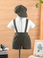3pcs/Set Baby Boy's Party Gentleman Outfit With Short Sleeve Stand Collar Shirt And Suspender Shorts